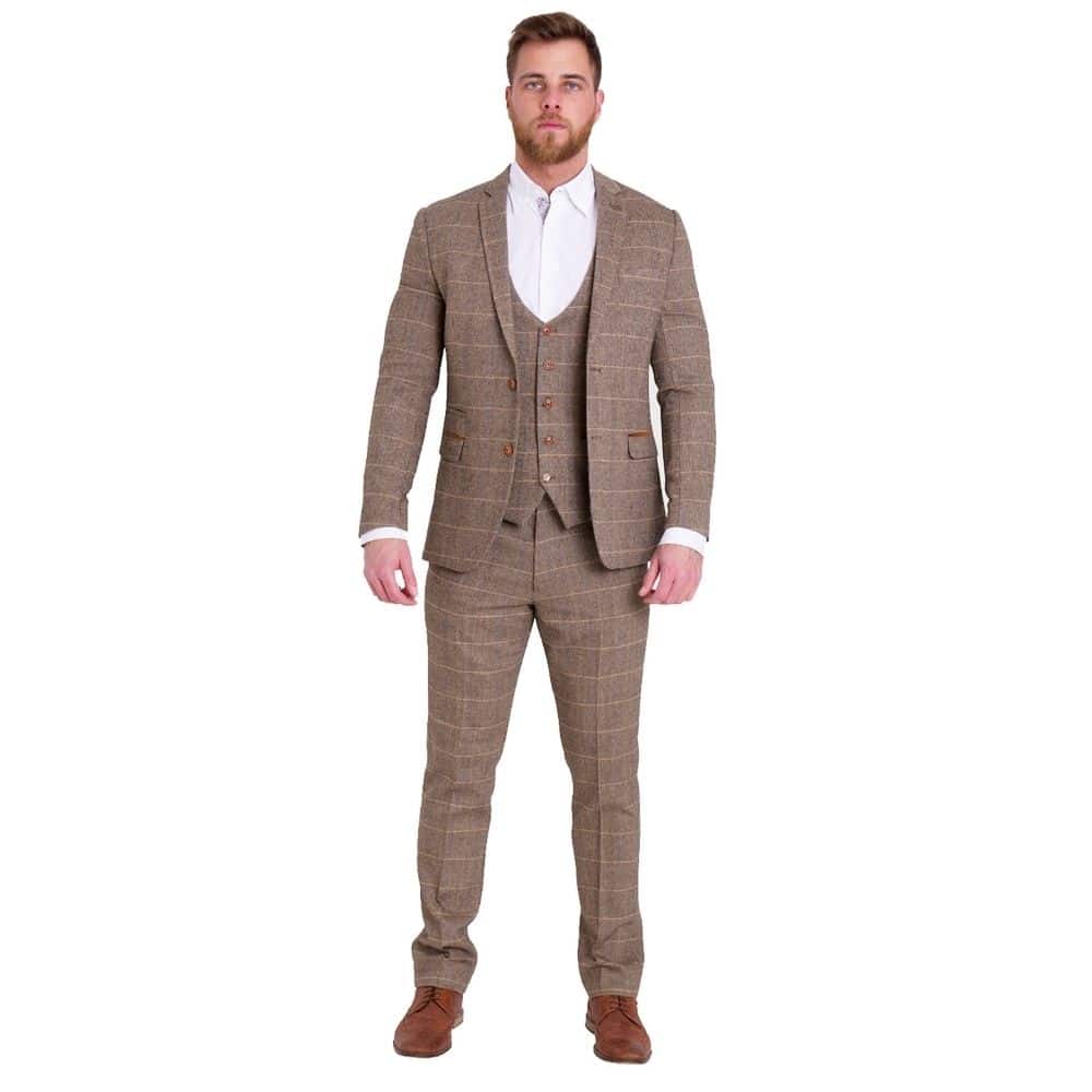 Marc Darcy Ted 3 Piece Suit - Tan Check | Menswear Online