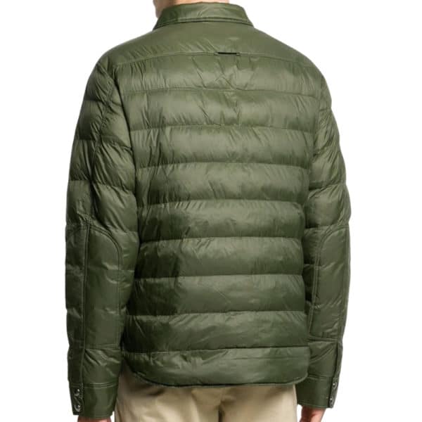 Weather resistant shell with soft down padding alongside back