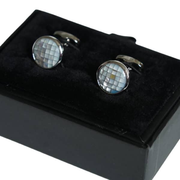 VERITAS SILVER CIRCULAR LIGHT MOSAIC CUFFLINKS GIFT BOX scaled