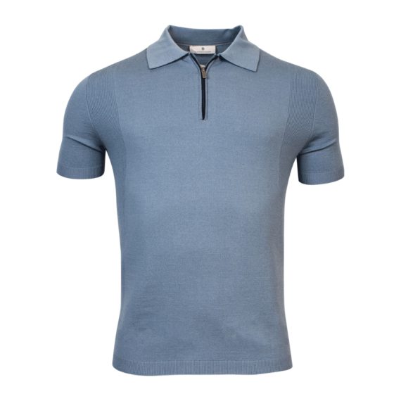 Thomas Maine Merino Wool Blue Zip Collar Polo | Menswear Online