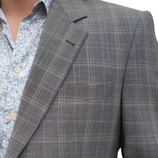 Warwicks grey blue windowpane wool jacket closeup