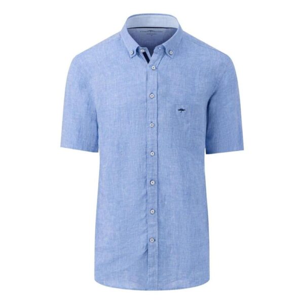 Fynch-Hatton Mini Check Linen Blue Short Sleeve Shirt