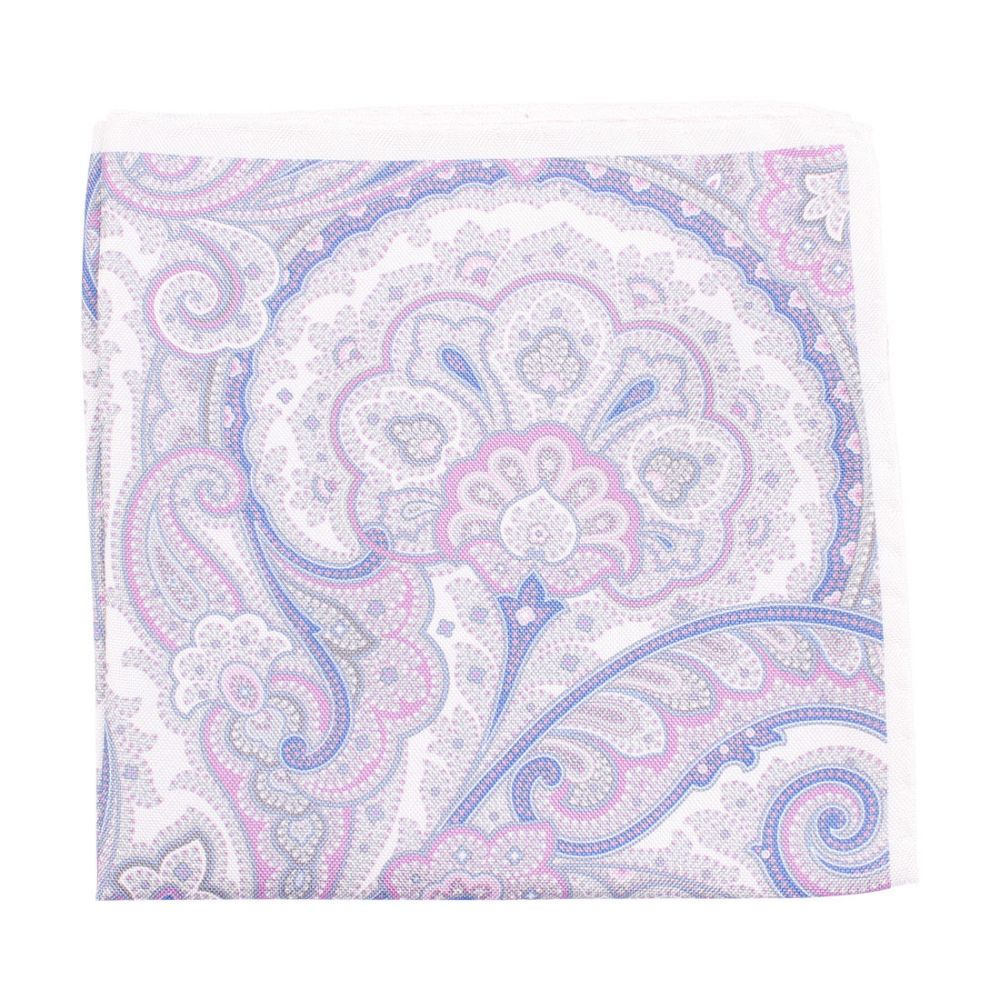 AMANDA CHRISTENSEN CLASSIC PAISLEY WHITE AND PURPLE PATTERN POCKET SQUARE