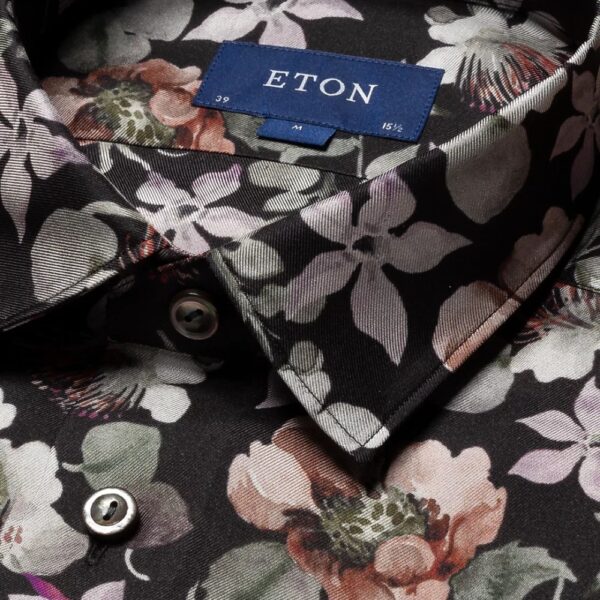 Eton Black Floral Silk Twill Shirt collar