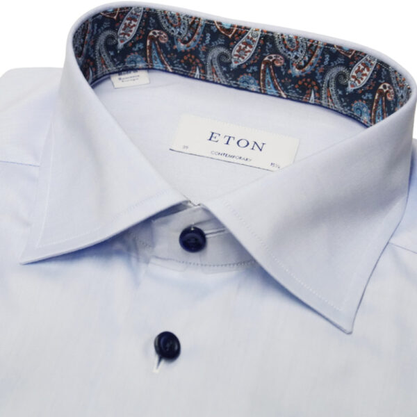 Eton Contemporary Fit Light Blue Shirt with Paisley Print Collar Detail 2