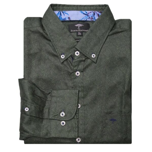 FYNCH HATTON Basil Leaf Print Green Shirt