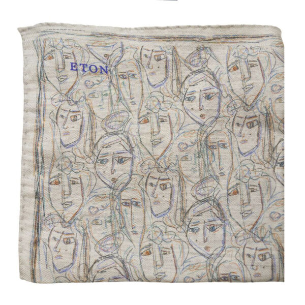 ETON Grey Silk Pocket Square with Abstract Portrait Pattern