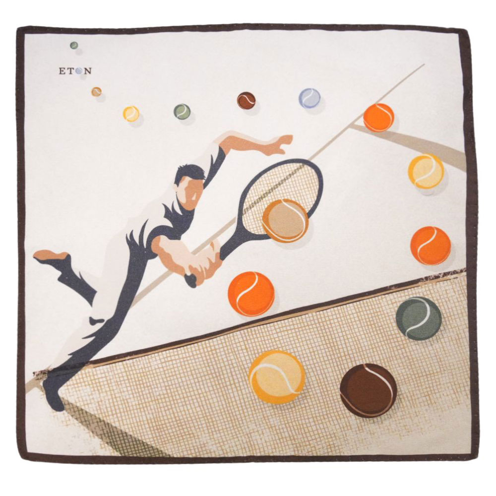 Eton Brown Pocket Square with Tennis Player Print