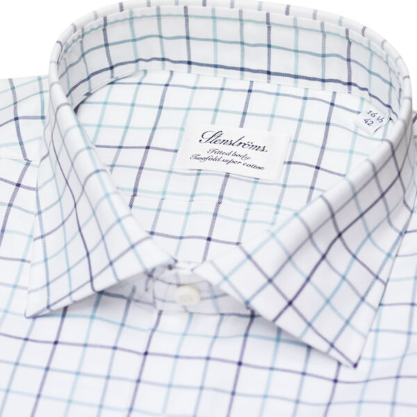 STENSTROMS Fitted White and Blue Tattersall Check Shirt collar