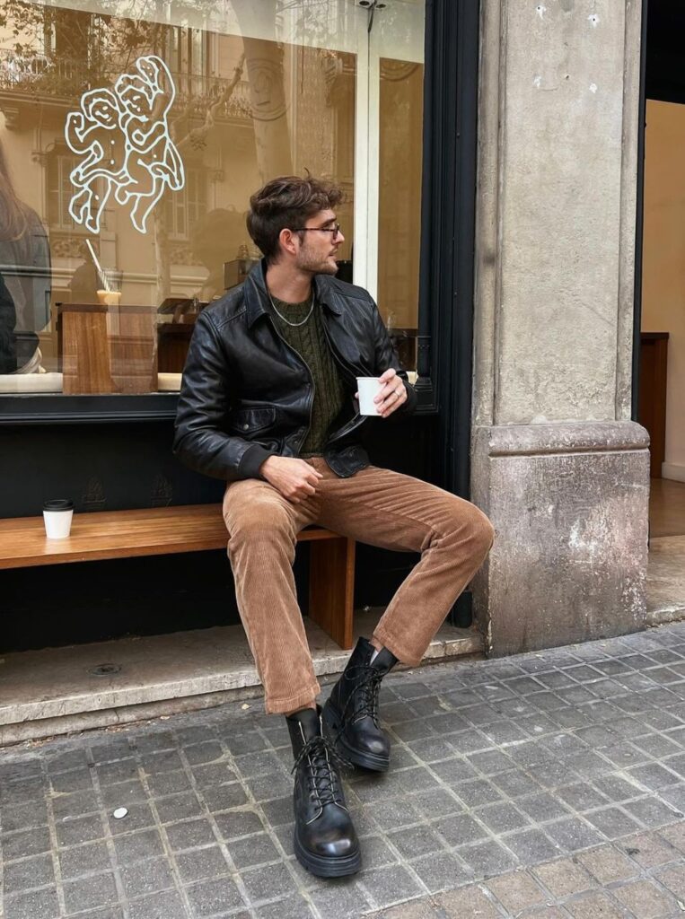 Man sitting on a bench wearing a black leather jacket, a khaki knitwear jumper, beige corduroy trousers and black boots.