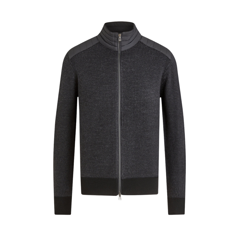 BELSTAFF Kelby Zip Merino Wool Houndstooth BlackCharcoal Cardigan