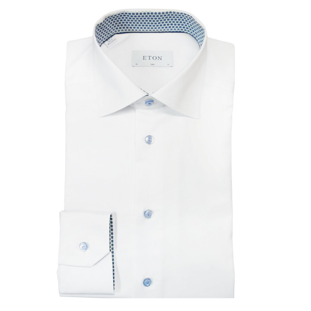 Eton Signature Twill Contemporary Fit White Shirt With Blue Floral Trim 1