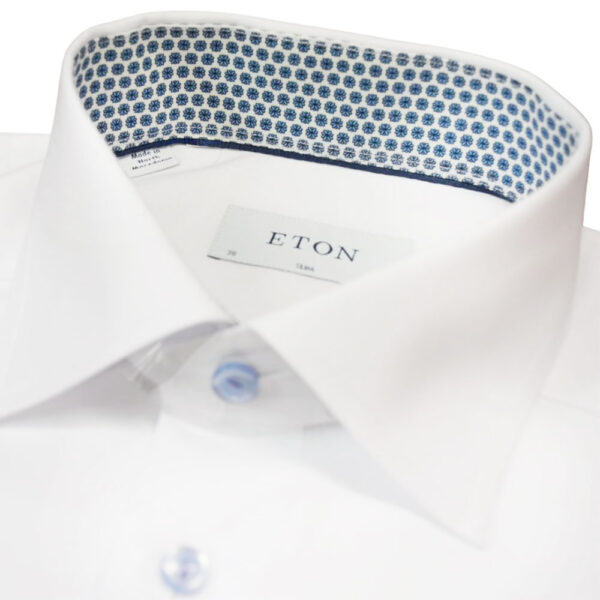 Eton Signature Twill Contemporary Fit White Shirt With Blue Floral Trim collar