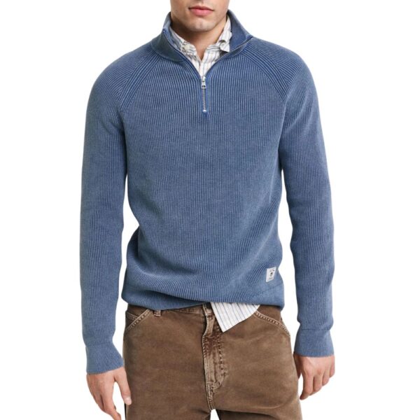 GANT Blue Washed Ribbed Half Zip Sweater