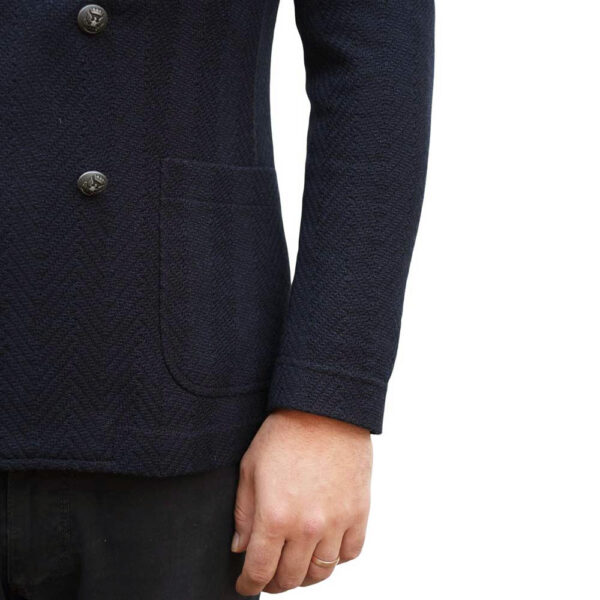 Paoloni Double Breasted Navy Jacket in Wool Cotton Knit Chevron 1