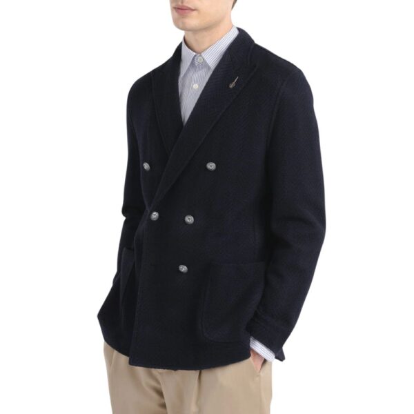 Paoloni Double breasted Navy Jacket in Wool Cotton Knit Chevron 3