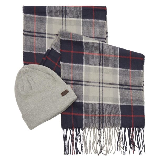 Barbour Grey Swinton Beanie And Navy Check Scarf Gift Set