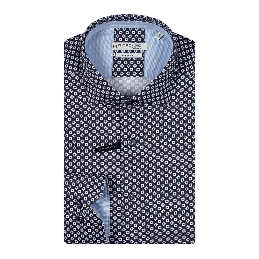 Giordano Navy Mini Squares Print Semi Cutaway Navy Shirt